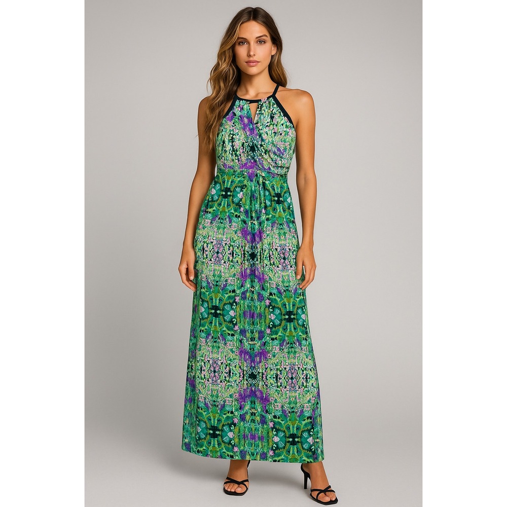 En Focus Studio Maxi Dress Womens‎ 10 Green Keyhole Draped Floral Boho Parisian